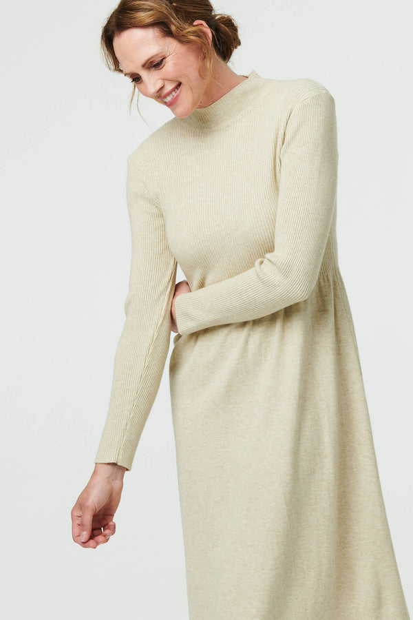 Beige | Textured High Neck Midi Jumper Dress