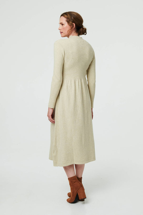 Beige | Textured High Neck Midi Jumper Dress
