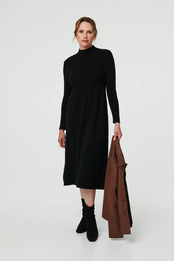 Black | Textured High Neck Midi Jumper Dress