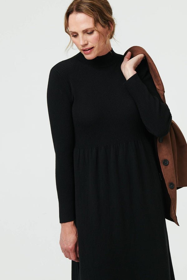 Black | Textured High Neck Midi Jumper Dress