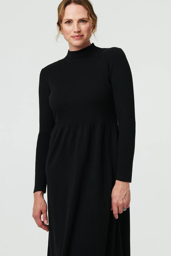 Black | Textured High Neck Midi Jumper Dress