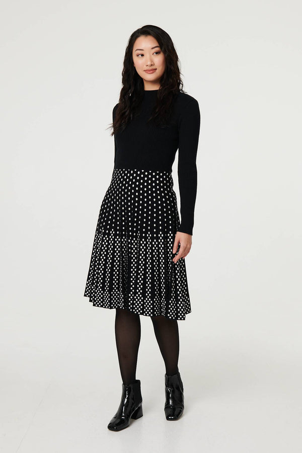Black | Polka Dot Pleated Knit Skater Midi Dress