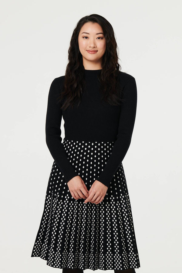 Black | Polka Dot Pleated Knit Skater Midi Dress