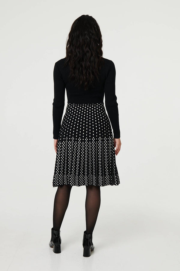 Black | Polka Dot Pleated Knit Skater Midi Dress