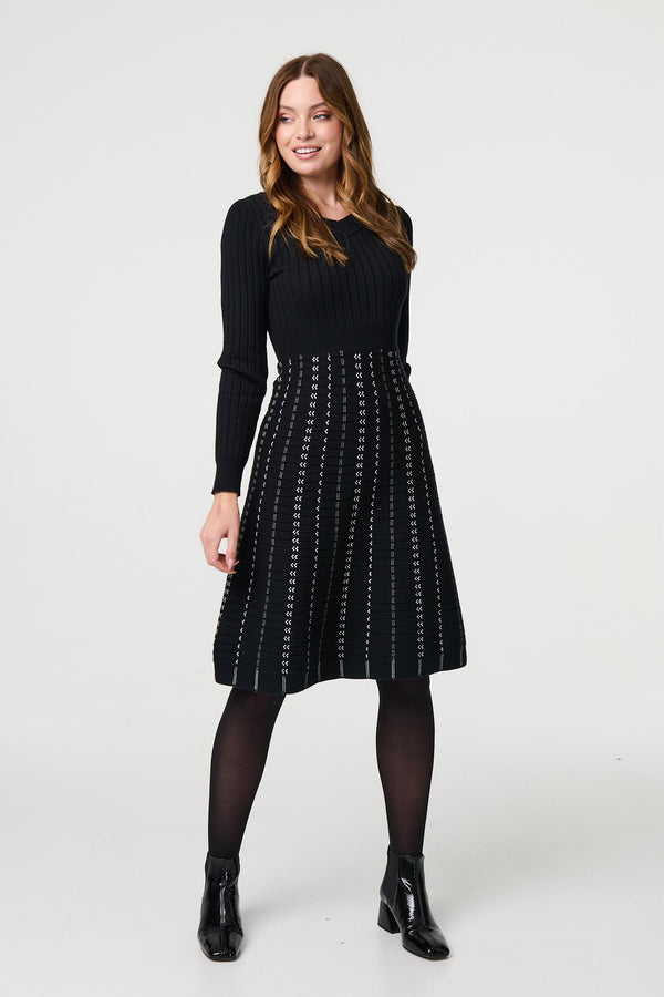 Black | Striped Long Sleeve Midi Knit Dress : Model is 5'9"/175 cm and wears UK8/EU36/US4/AUS8