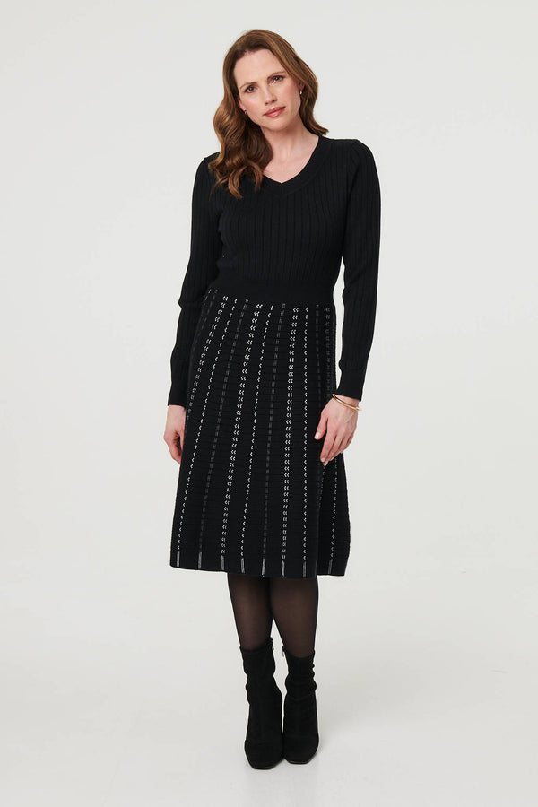 Black | Striped Long Sleeve Midi Knit Dress : Model is 5'9"/175 cm and wears UK10/EU38/US6/AUS10