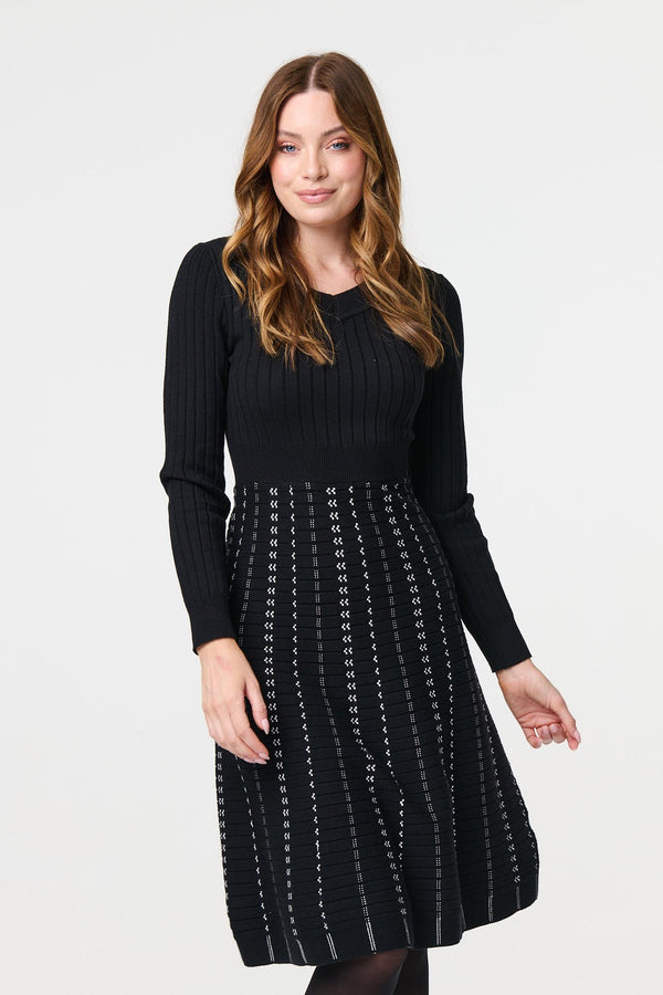Black | Striped Long Sleeve Midi Knit Dress : Model is 5'9"/175 cm and wears UK8/EU36/US4/AUS8