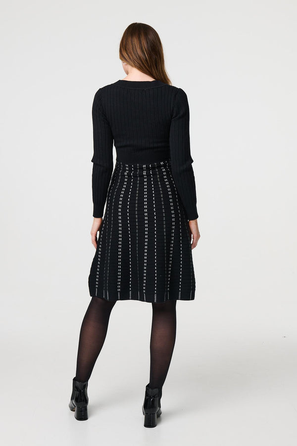 Black | Striped Long Sleeve Midi Knit Dress