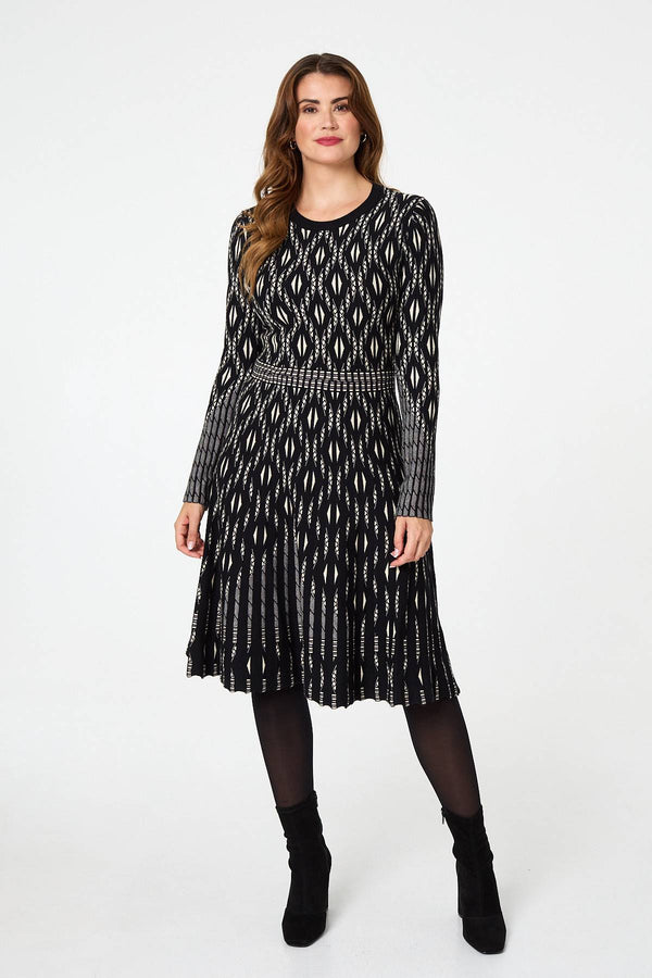 Black | Geo Print Knit Skater Midi Dress
