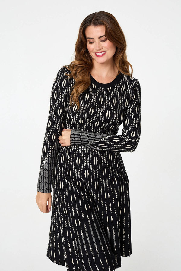 Black | Geo Print Knit Skater Midi Dress