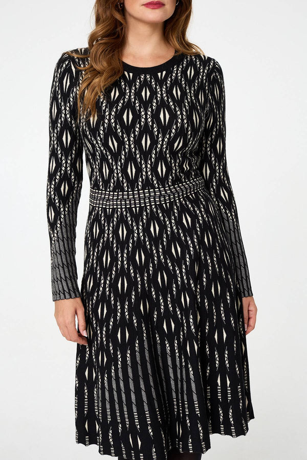 Black | Geo Print Knit Skater Midi Dress