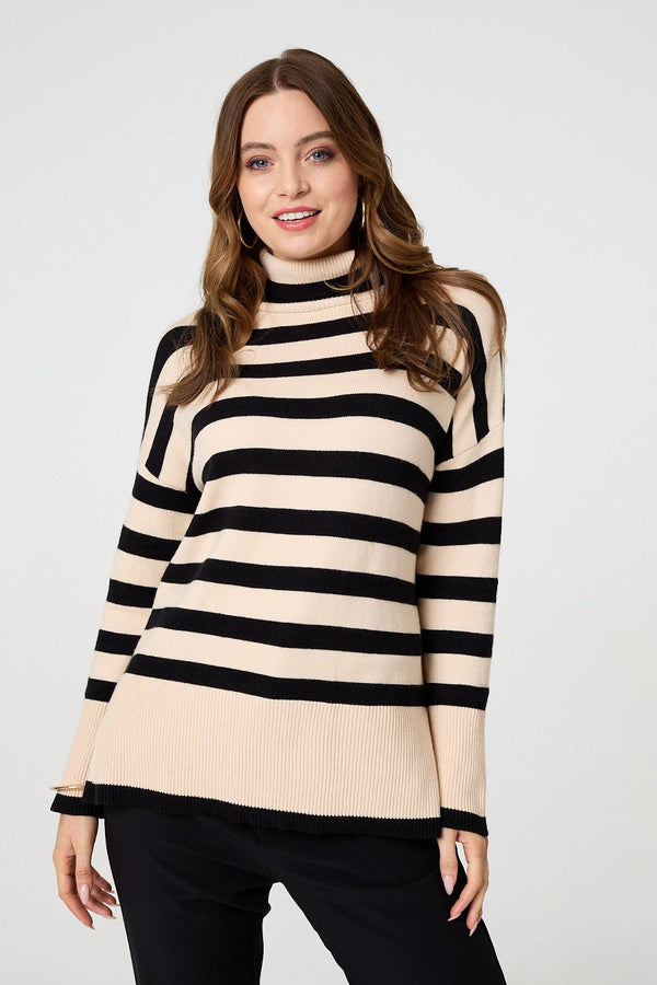 Beige | Striped Relaxed Roll Neck Jumper