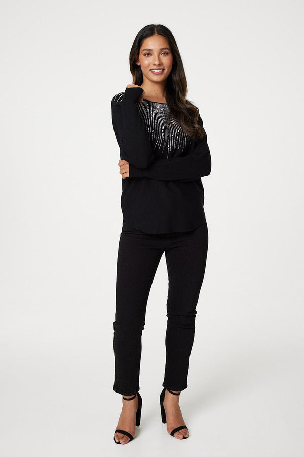 Black | Embellished Front Knit Jumper