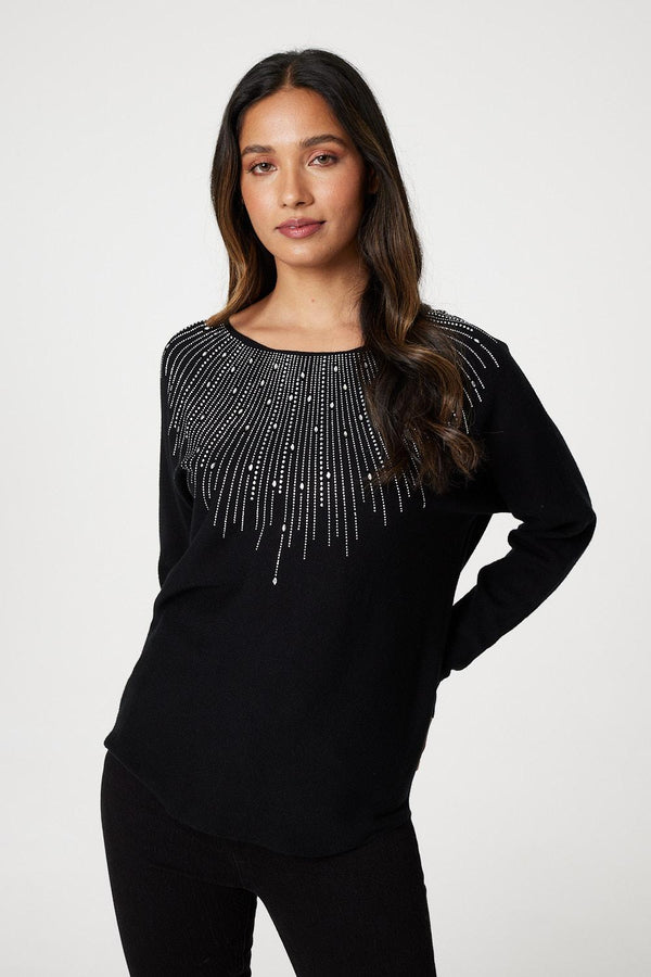 Black | Embellished Front Knit Jumper