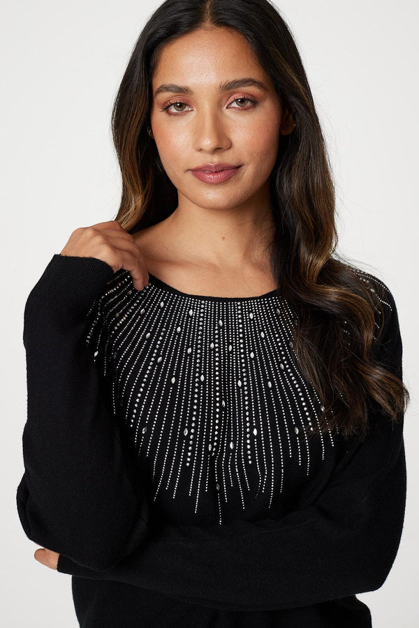 Black | Embellished Front Knit Jumper