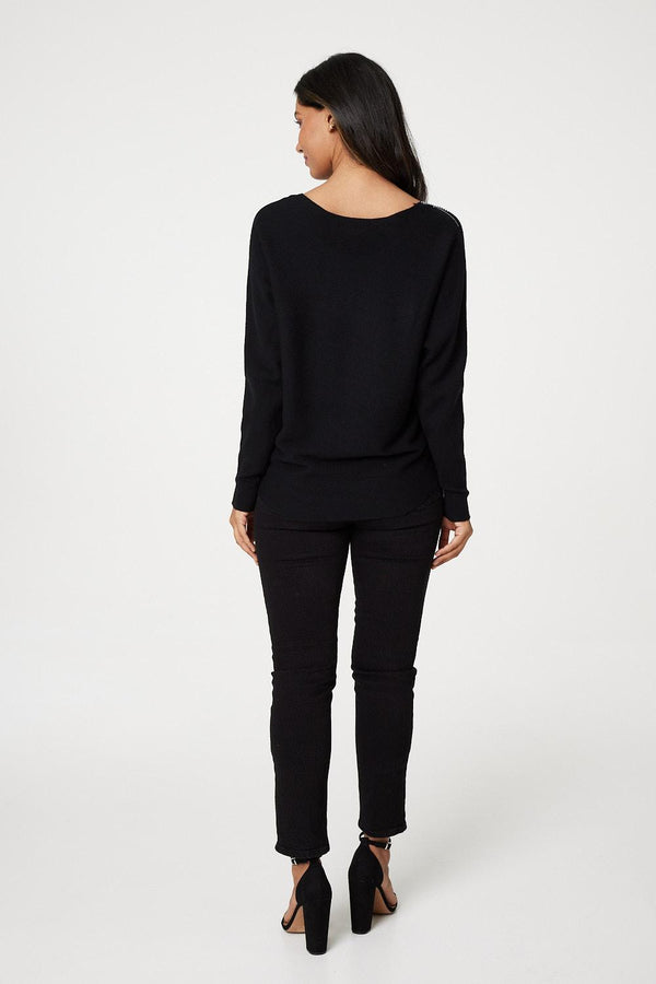 Black | Embellished Front Knit Jumper