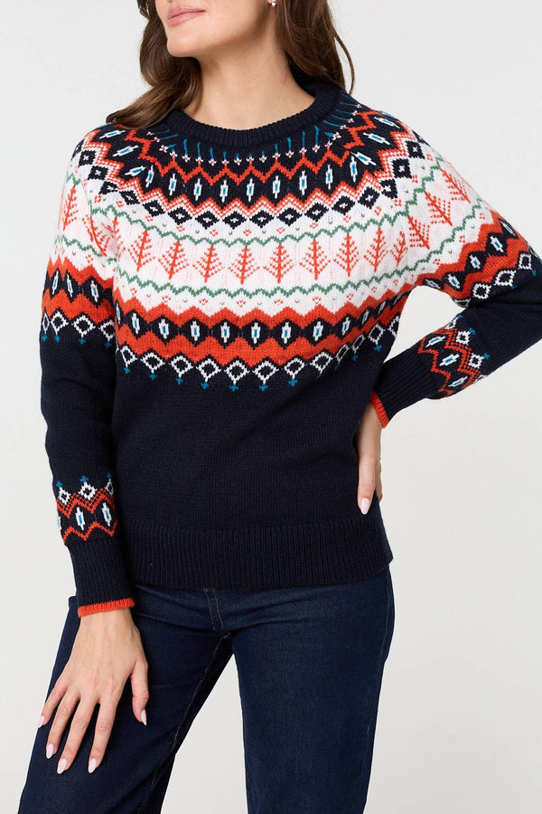 Navy | Ikat Print Long Sleeve Knitted Top