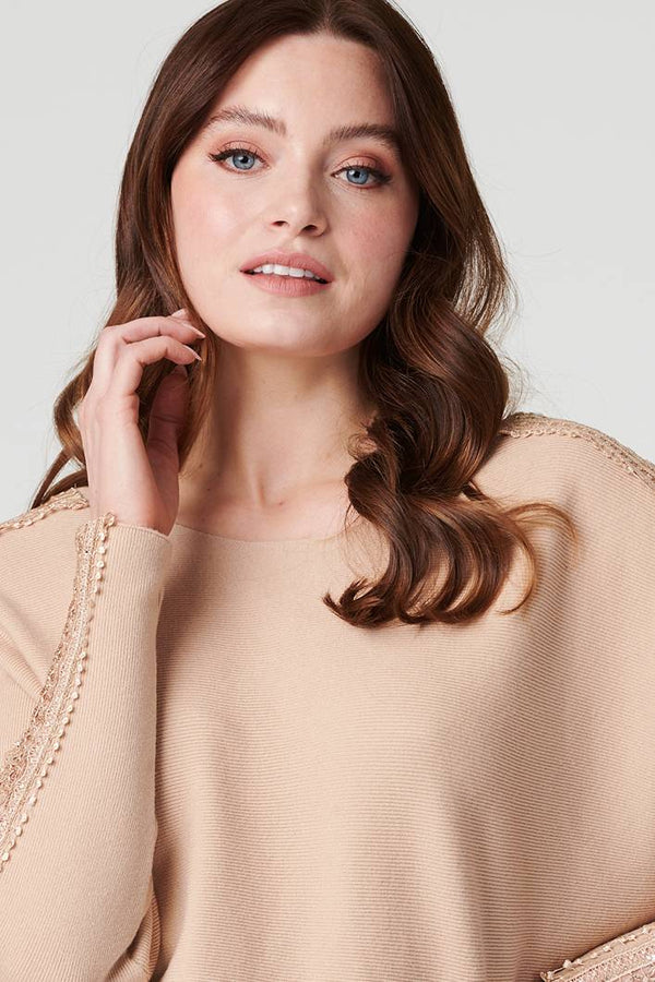 Beige | Sequin and Lace Sleeve Knit Pullover