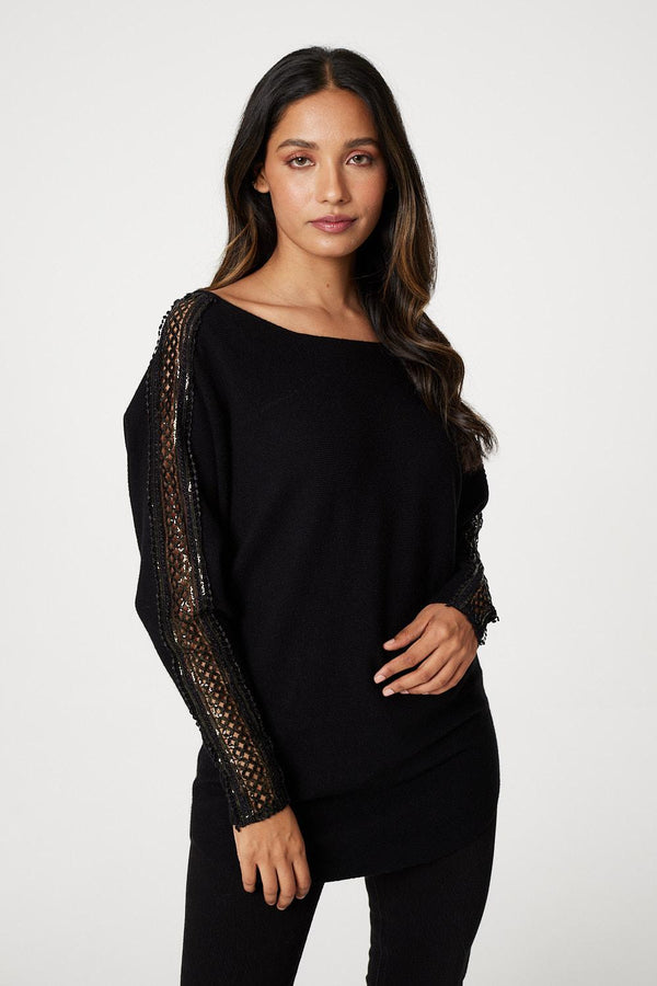 Black | Sequin and Lace Sleeve Knit Pullover