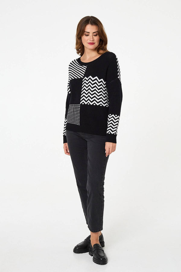 Black | Geo Print Drop Shoulder Relaxed Jumper