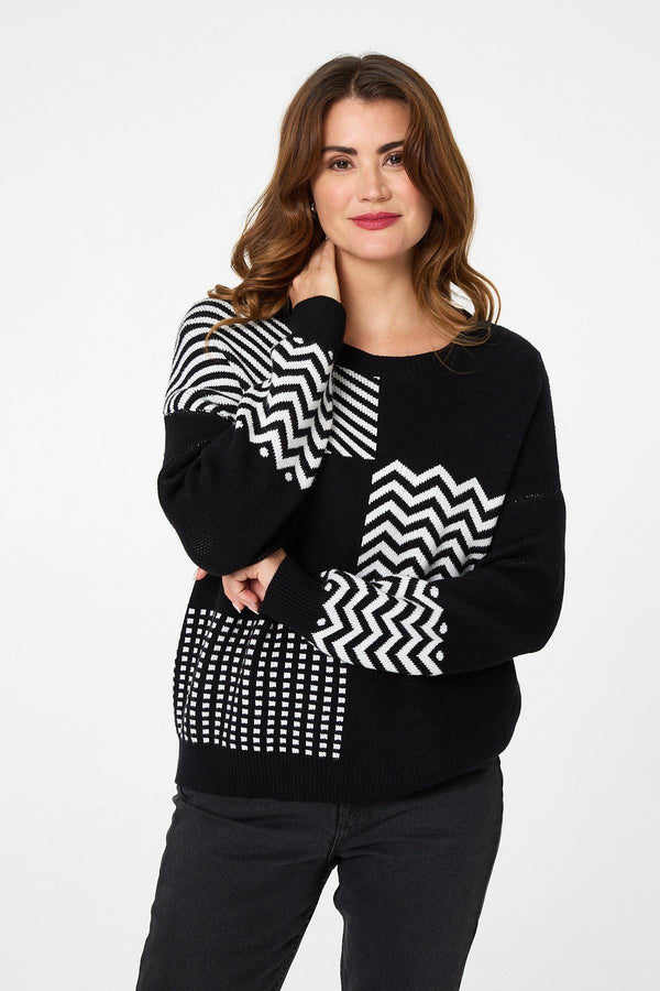 Black | Geo Print Drop Shoulder Relaxed Jumper