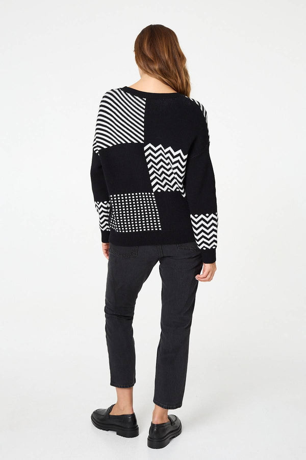 Black | Geo Print Drop Shoulder Relaxed Jumper