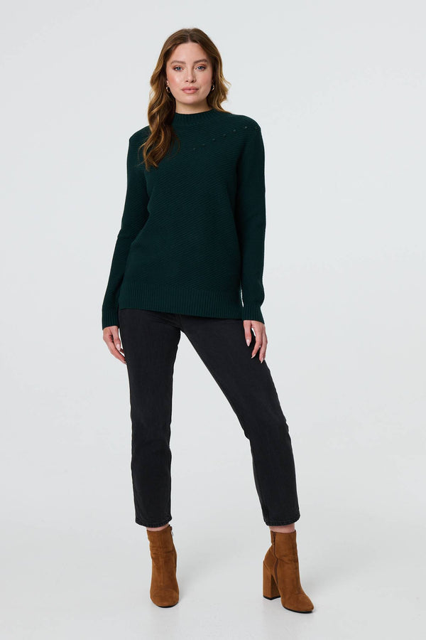 Green | Button Detail High Neck Knit Jumper