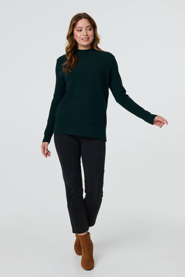 Green | Button Detail High Neck Knit Jumper