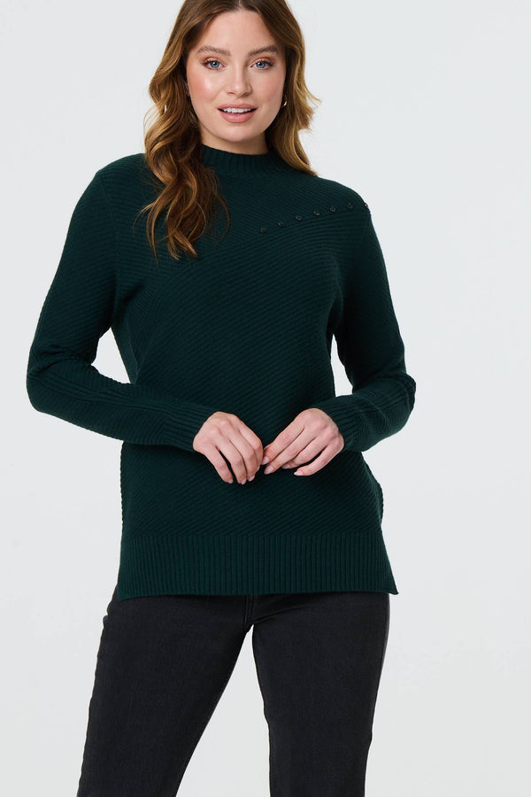 Green | Button Detail High Neck Knit Jumper