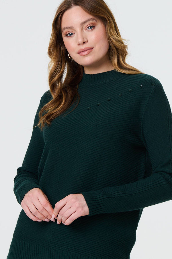 Green | Button Detail High Neck Knit Jumper