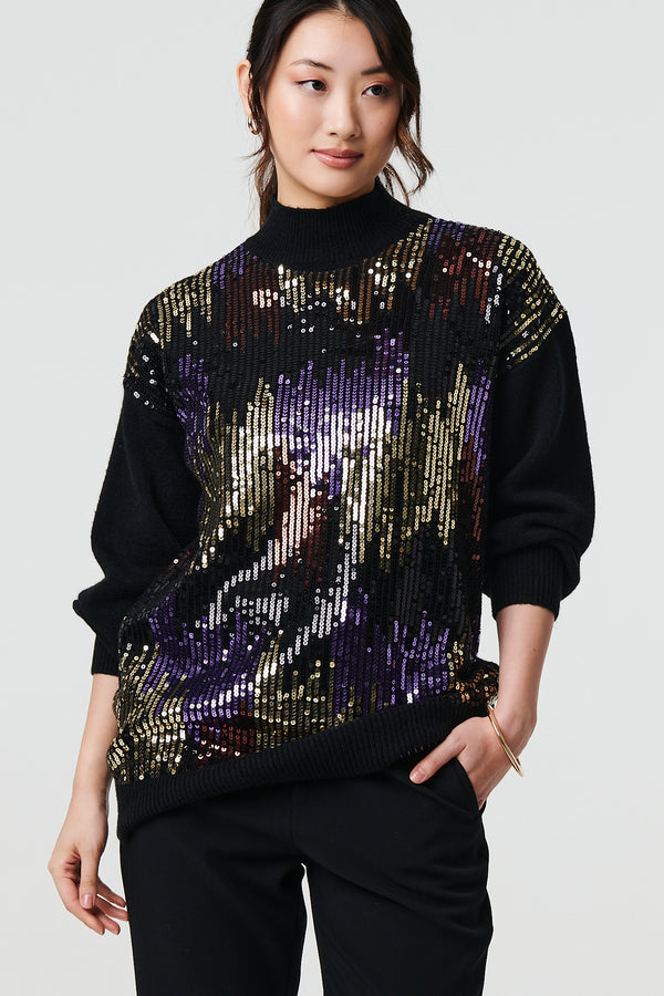 Black | Sequin Embellished Puff Sleeve Jumper
