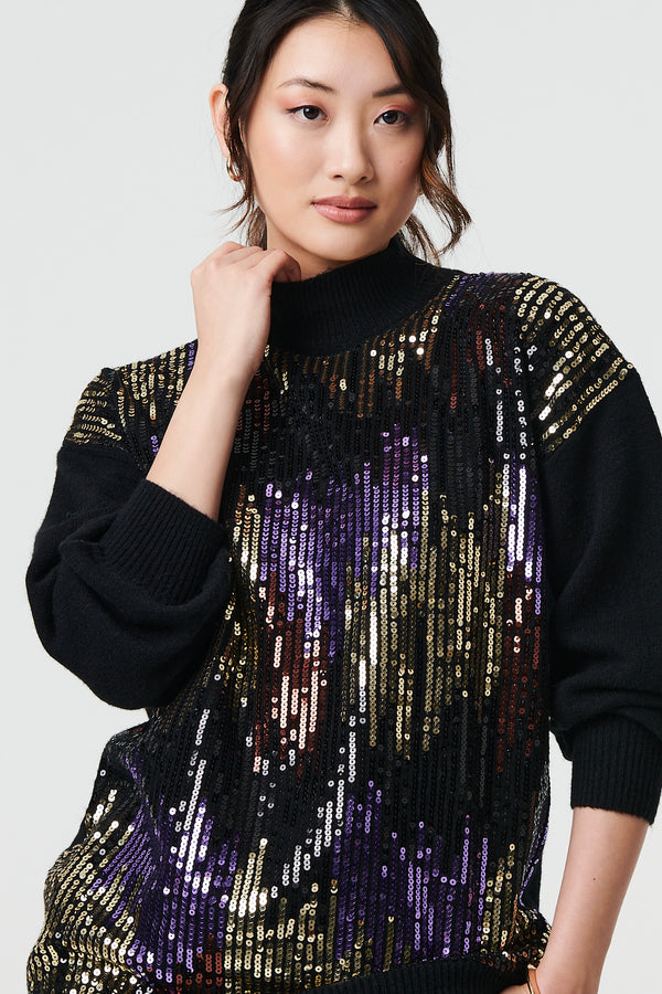 Black | Sequin Embellished Puff Sleeve Jumper