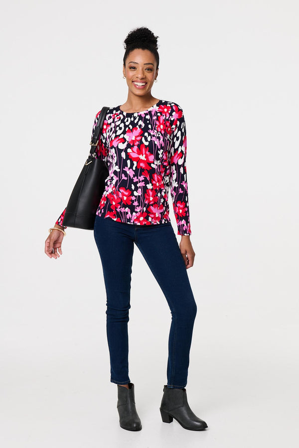 Navy | Floral Long Sleeve Scoop Neck Top