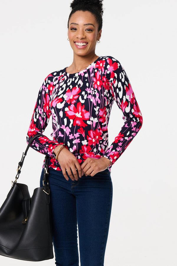 Navy | Floral Long Sleeve Scoop Neck Top