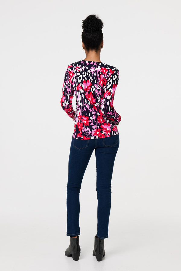 Navy | Floral Long Sleeve Scoop Neck Top