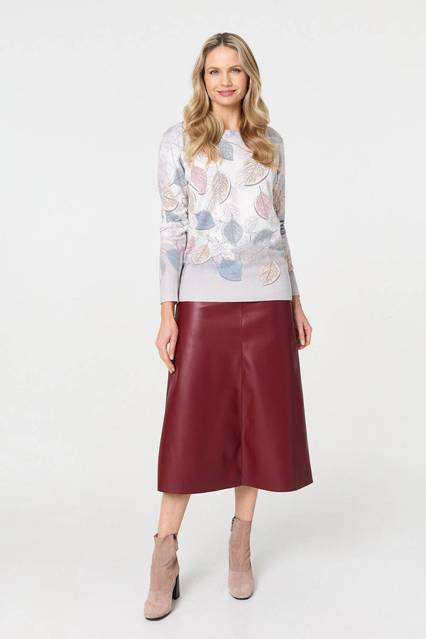 Grey | Leaf Print Relaxed Sequin Detail Jumper