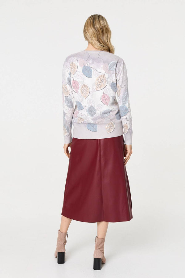 Grey | Leaf Print Relaxed Sequin Detail Jumper