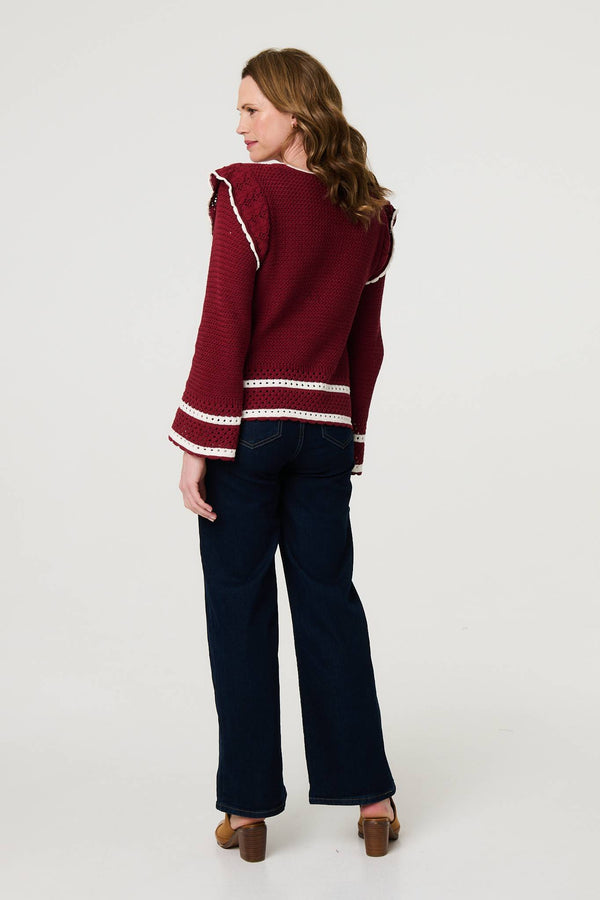 Red | Crochet Knit Frilled Hem Jumper