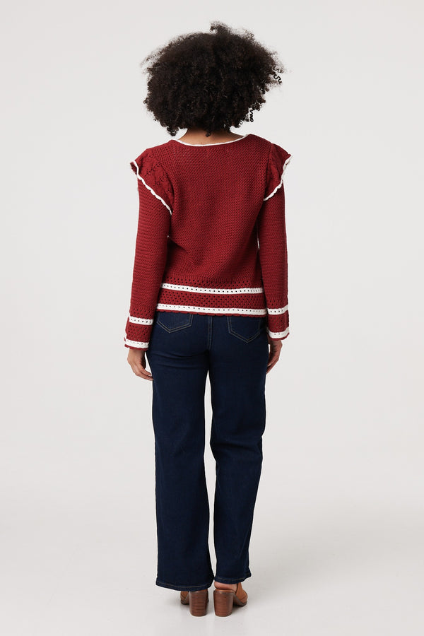 Red | Crochet Knit Frilled Hem Jumper