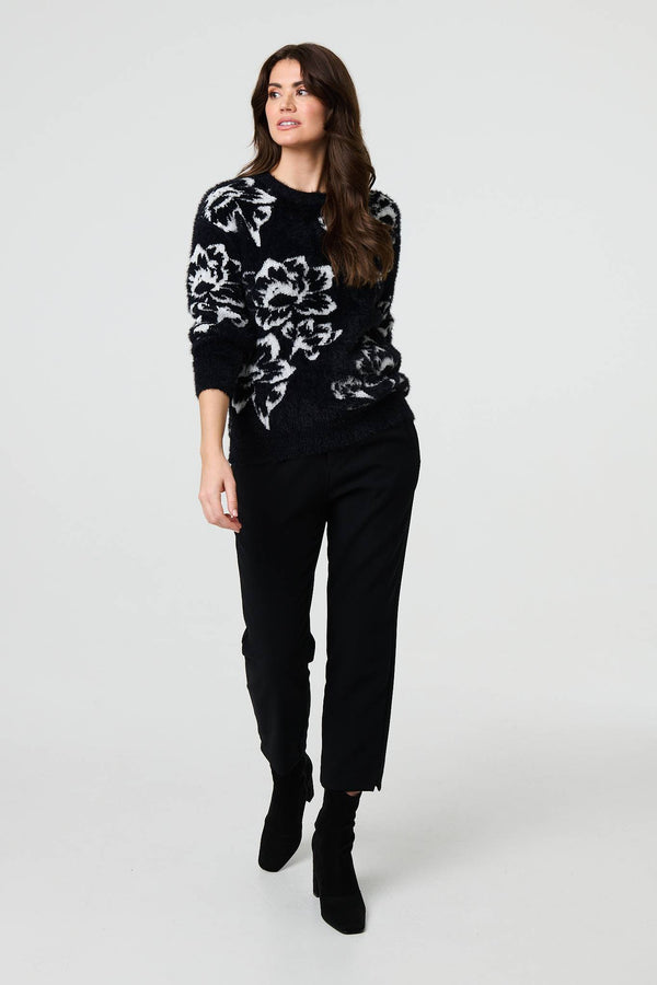 Black | Floral Soft Knit Long Sleeve Jumper