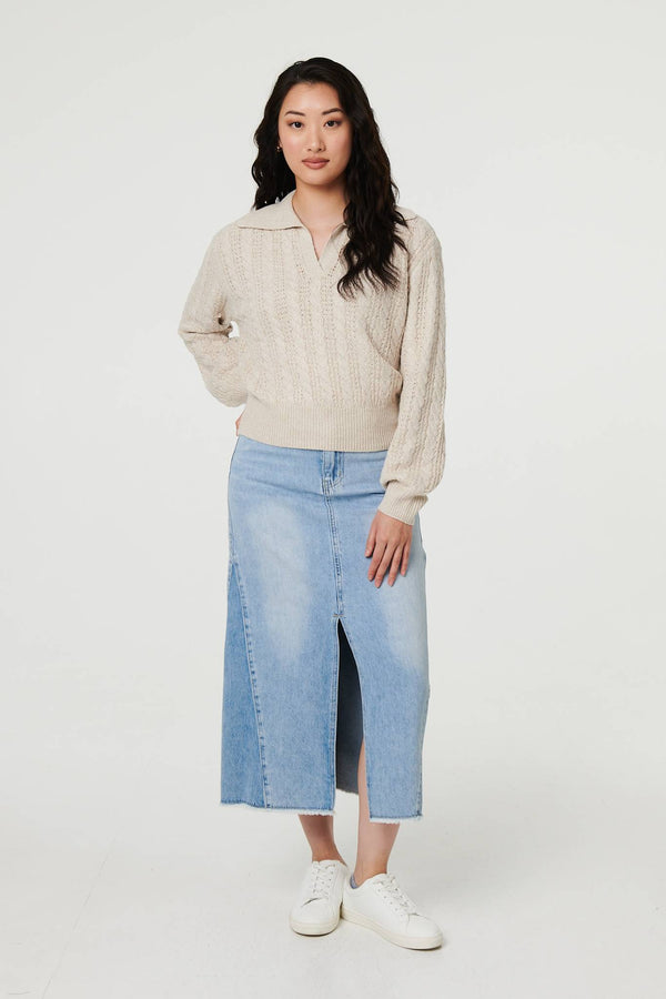 Cream | Textured Wide Collar V-Neck Jumper