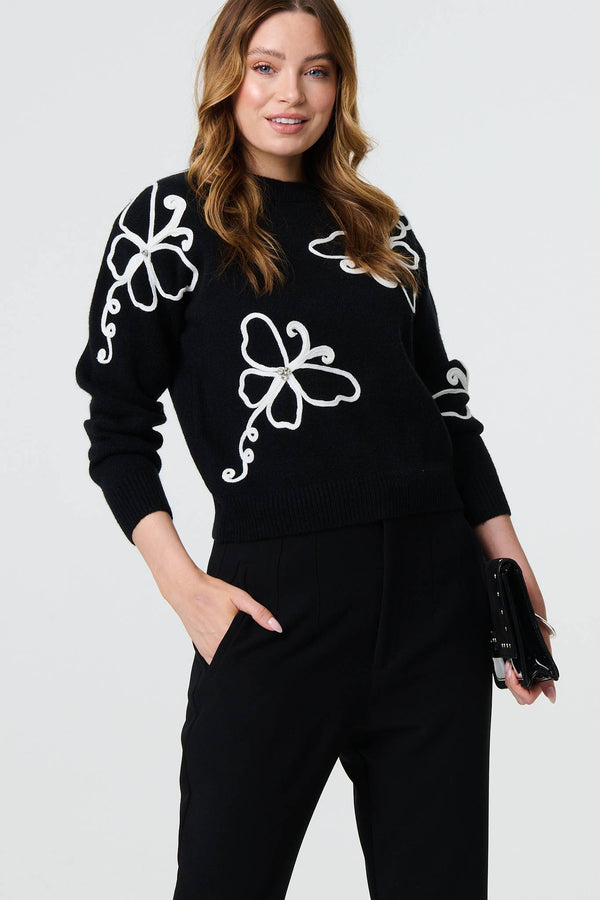 Black | Butterfly Print Embellished Jumper