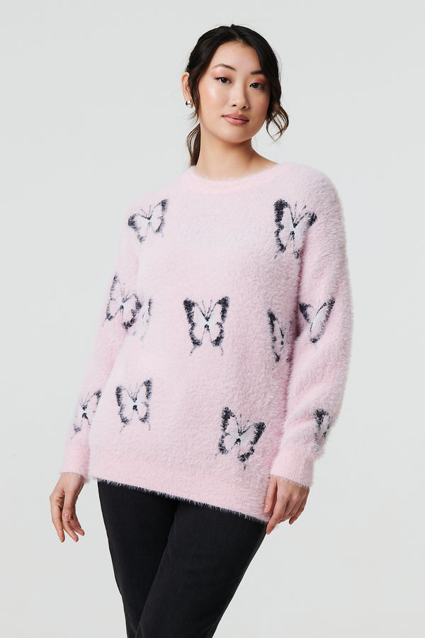 Pink | Butterfly Print Soft Texture Jumper