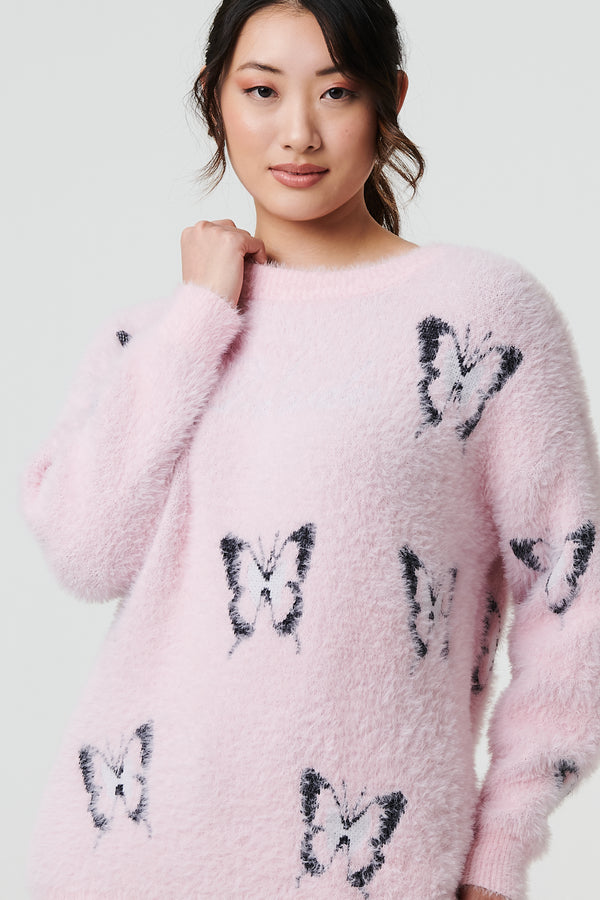 Pink | Butterfly Print Soft Texture Jumper