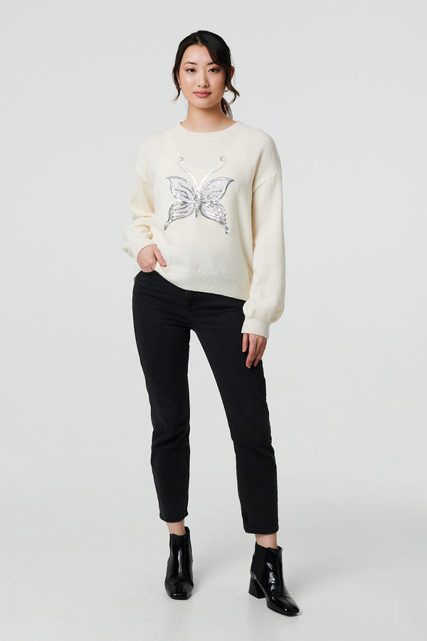 White | Butterfly Embellished Puff Sleeve Jumper