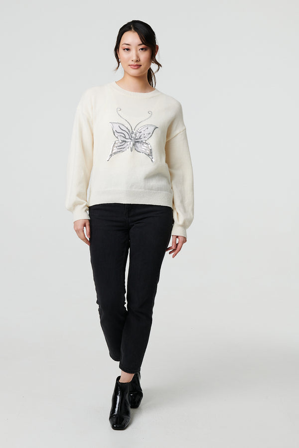 White | Butterfly Embellished Puff Sleeve Jumper