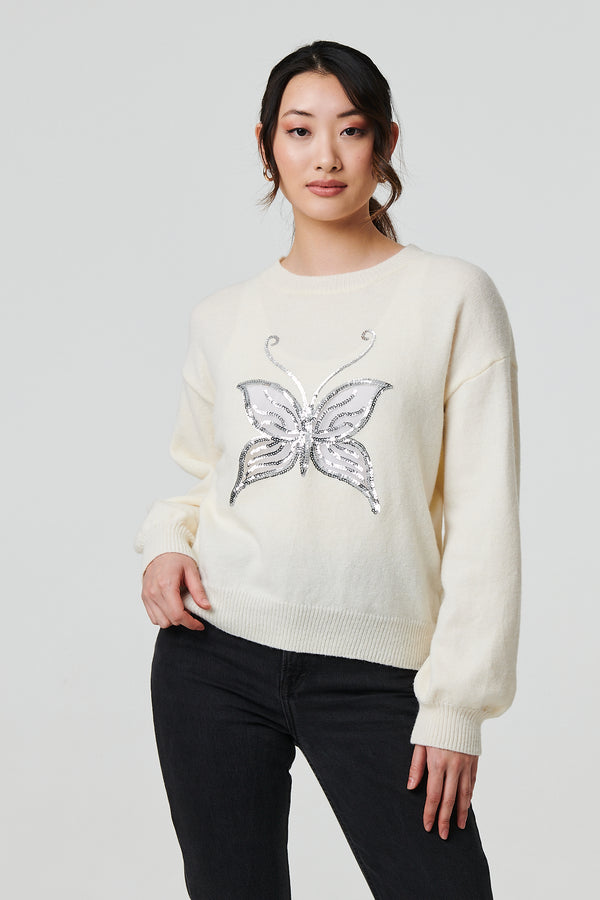 White | Butterfly Embellished Puff Sleeve Jumper
