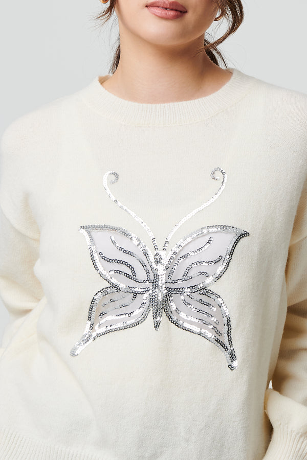White | Butterfly Embellished Puff Sleeve Jumper