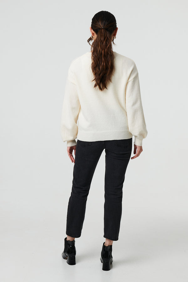 White | Butterfly Embellished Puff Sleeve Jumper
