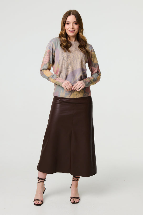 Beige | Abstract Long Sleeve Round Neck Knit Top